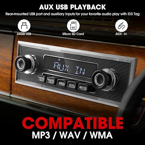 Miniatura 4 de Radio de coche clásica de estilo retro - ABSOSO Bluetooth Single Din Vintage Stereo - AM FM Tuner USB AUX entrada 4.1 CHN salida de subwoofer