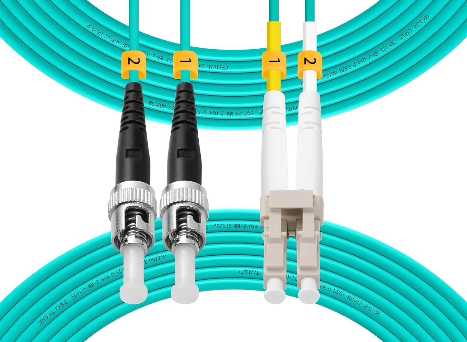 Fibergaga-5Pack OM3 LC to ST Multi-Mode Fiber Patch Cable,Duplex 50/125µm 10G/40G OD-2.0mm Fiber Optic Jumper Optical Patch Cord LSZH -2M(7ft)