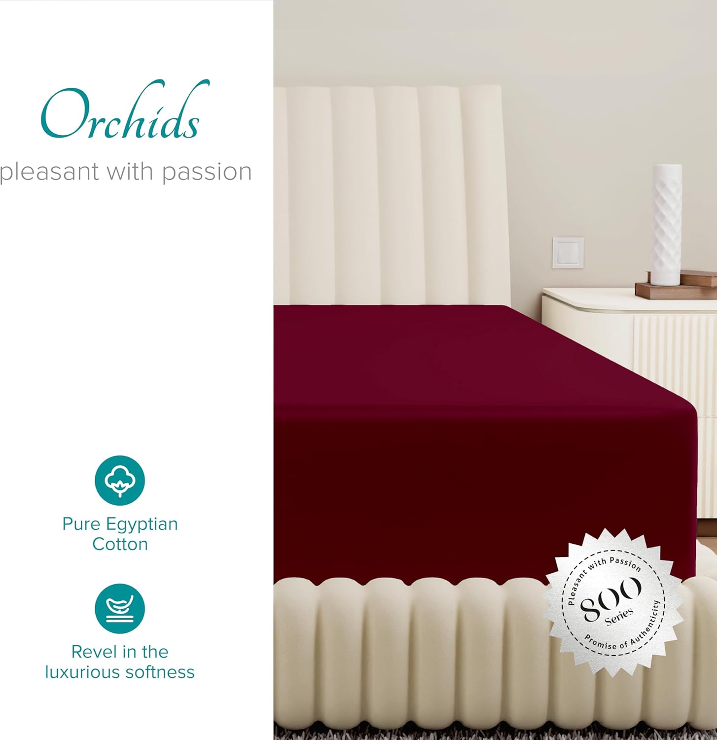 Carressa Linen 100% Egyptian Cotton Queen Fitted Sheet Only - 800 Series Tulips Collection 16" Deep Pocket Sheets, Durable Sateen, Head/Foot Side Indicators, Burgundy Queen Fitted Sheet