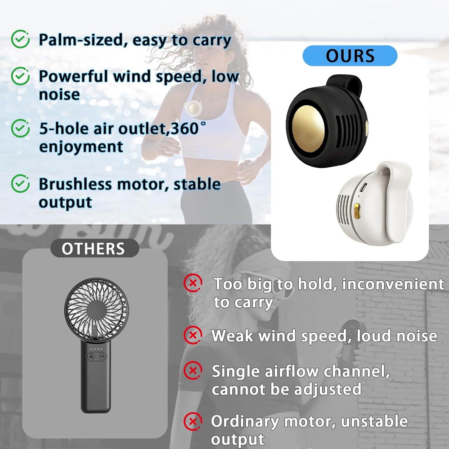 Portable Clip-On Fan, Mini USB Rechargeable 360° Rotatable Fan, 3-Speed Silent Mini Bladeless Fans (Black and White)