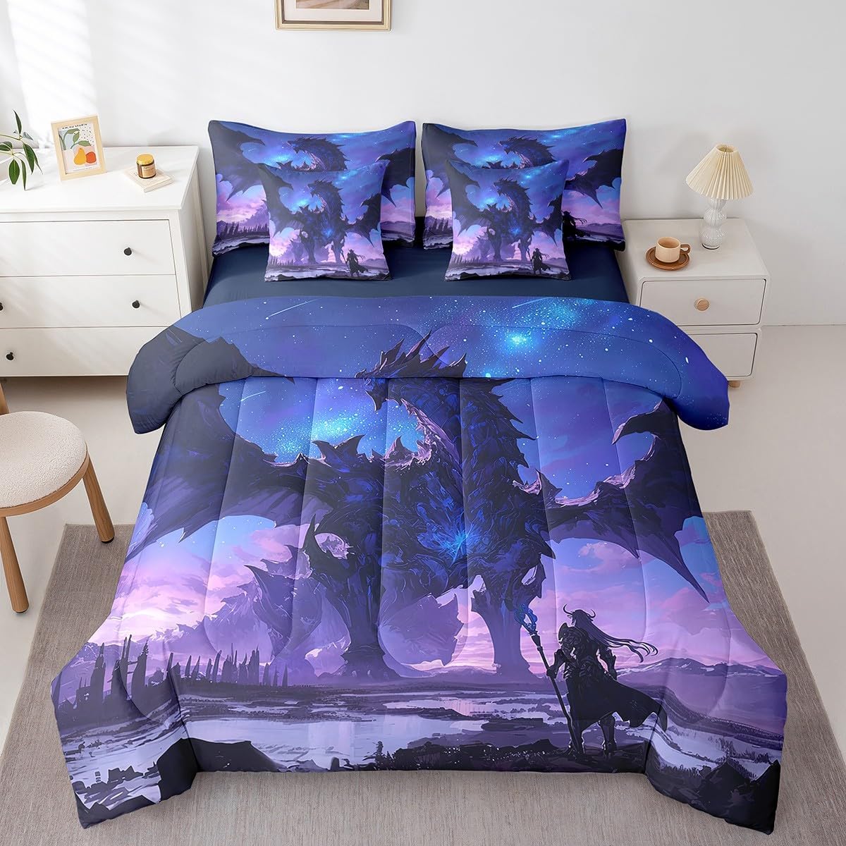 Erosebridal Queen Dragon Comforter Set 7 Piece,Kids Boys Cartoon Dragon Bed in A Bag with Sheets Western Fantasy Dragon Bedding Set for Teen Men,Galaxy Magical Animal Bed Set with Pillow Covers