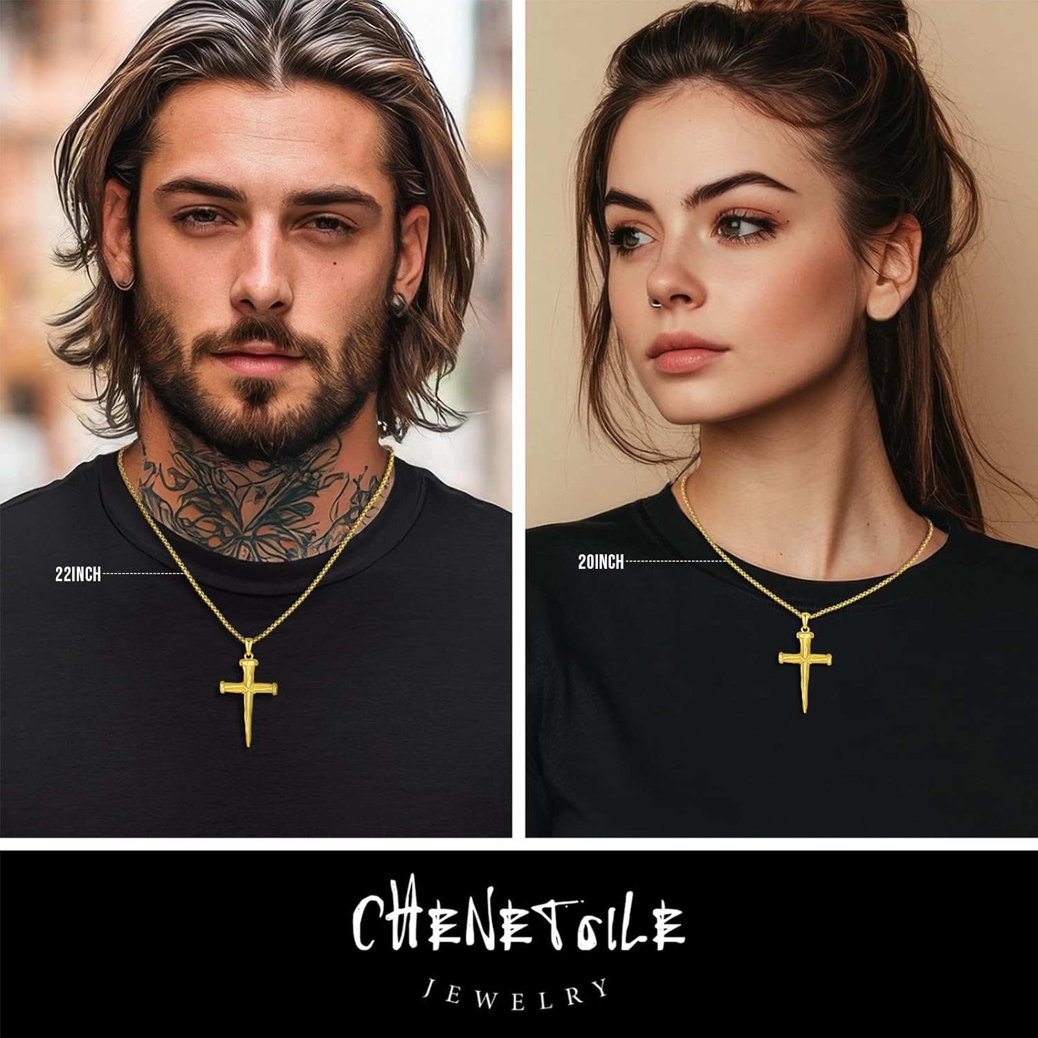 14K Gold Nail Cross Necklace for Men, Cross Pendant with Box Chain, Christian Religious Faith Jewelry Gift 20 Inch/50 cm