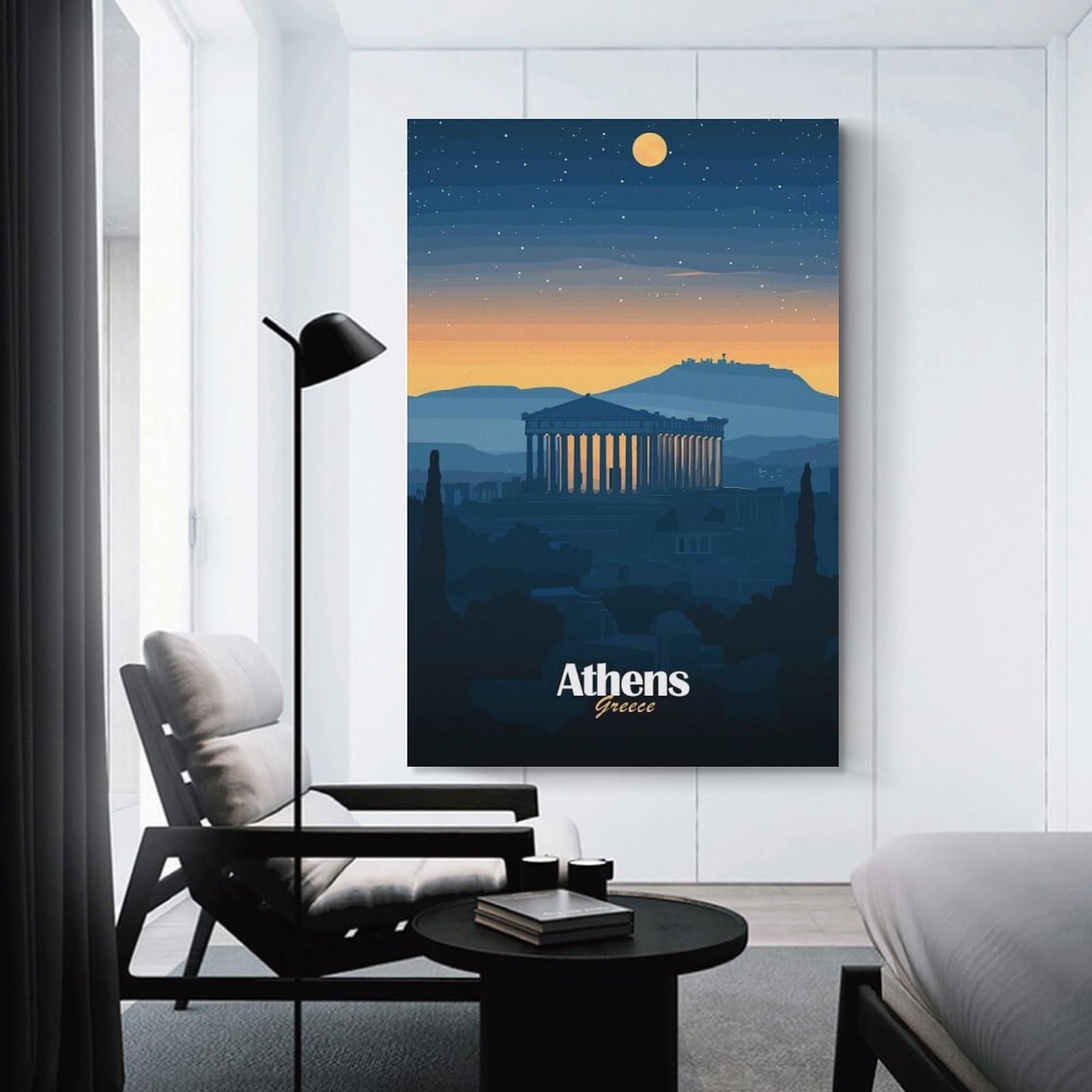 Junmoney Athens Skyline at Night Canvas Wall Decor, 24x36inch(60x90cm), for Home Lounge, Bedroom Or Reading Nook, Modern Wall Decor for Cosy Interiors