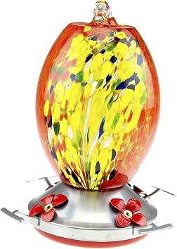 CLEVER GARDEN Hummingbird Feeder with Perch | Hand Blown Flat Glass in Red | 27 Fluid Ounces Humming Bird Nectar Capacity with Hanging Metal Wires and Ant Moat Hook