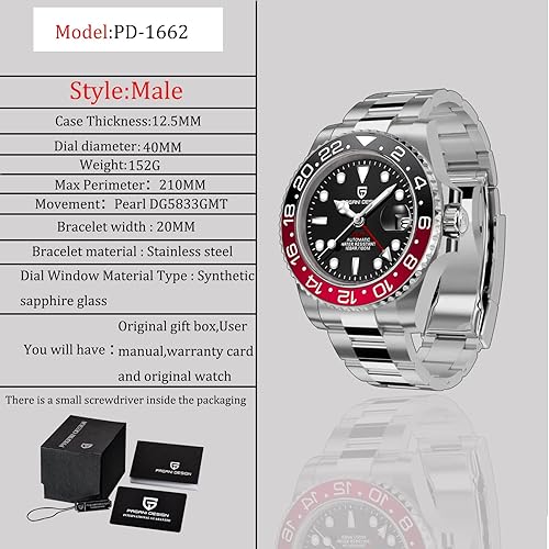 Miniatura 6 de BY BENYAR Pagani Design GMT - Reloj mecánico de cristal de zafiro de lujo, acero inoxidable de 1.575 pulgadas, resistente al agua, reloj automático