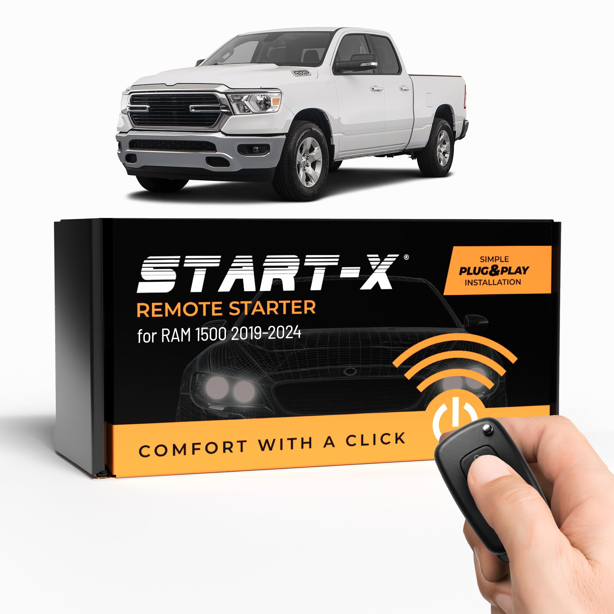 Hand pressing lock button on remote