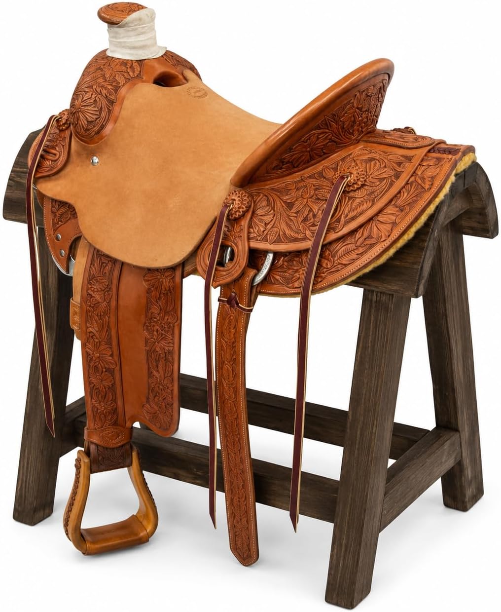 Wade Horse Saddle Tree A Fork Roping Ranch Work Handmade Tooled Carved Premium Leather Western Equestrian Trail Tack Adult & Pony Horse Riding Saddle, Size: 10-18 inch Seat, AD-36