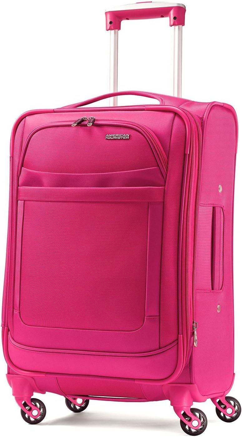 AMERICAN TOURISTER iLite Max Softside Luggage with Spinner Wheels, Raspberry, Checked-Medium 25-Inch