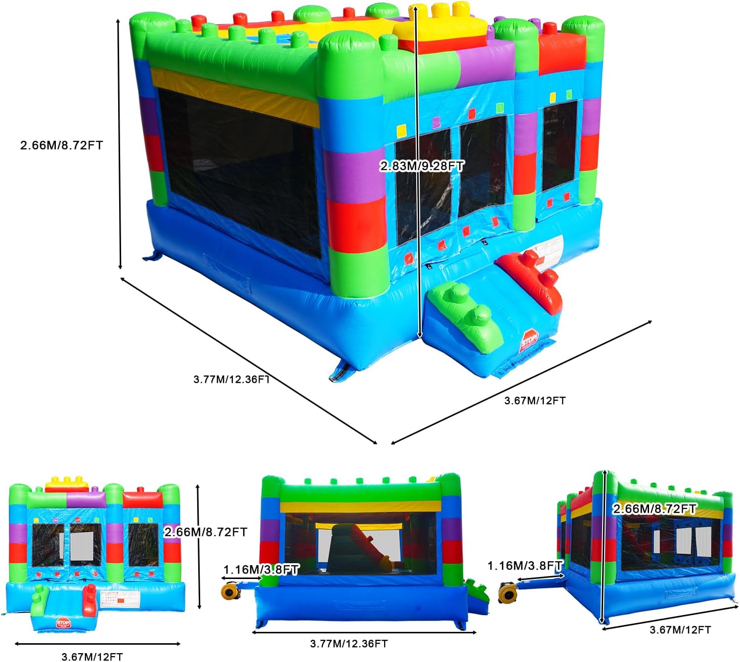 Semi Commercial Bounce House for Big Kids,Built-in Slide,PVC Material,for Backyard Outdoor Party,12.3'Lx 12'Wx 9.4'H (Building Block Ver2 Without Blower)