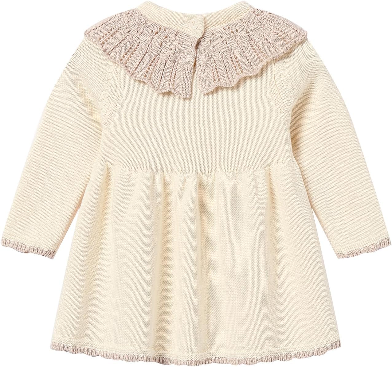 Baby Girl Knit Sweater Dress with Crochet Ruffle Collar Cotton Winter Dresses for 6M-5T