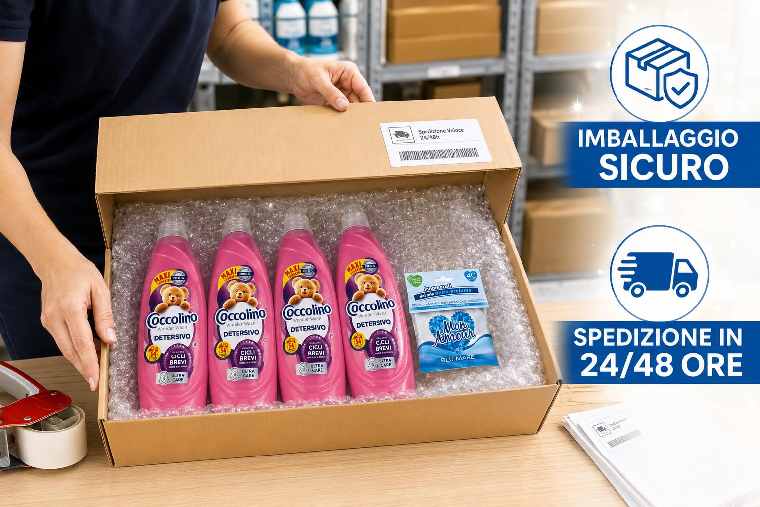 Coccolino Wonder Wash Ultra Care 4 x 54 Lavaggi (216 Totali) – Detersivo Liquido Lavatrice 2160 ml x4 – Ideale per Cicli Brevi – Maxi Scorta Convenienza + Profumatore Mon Amour in Omaggio