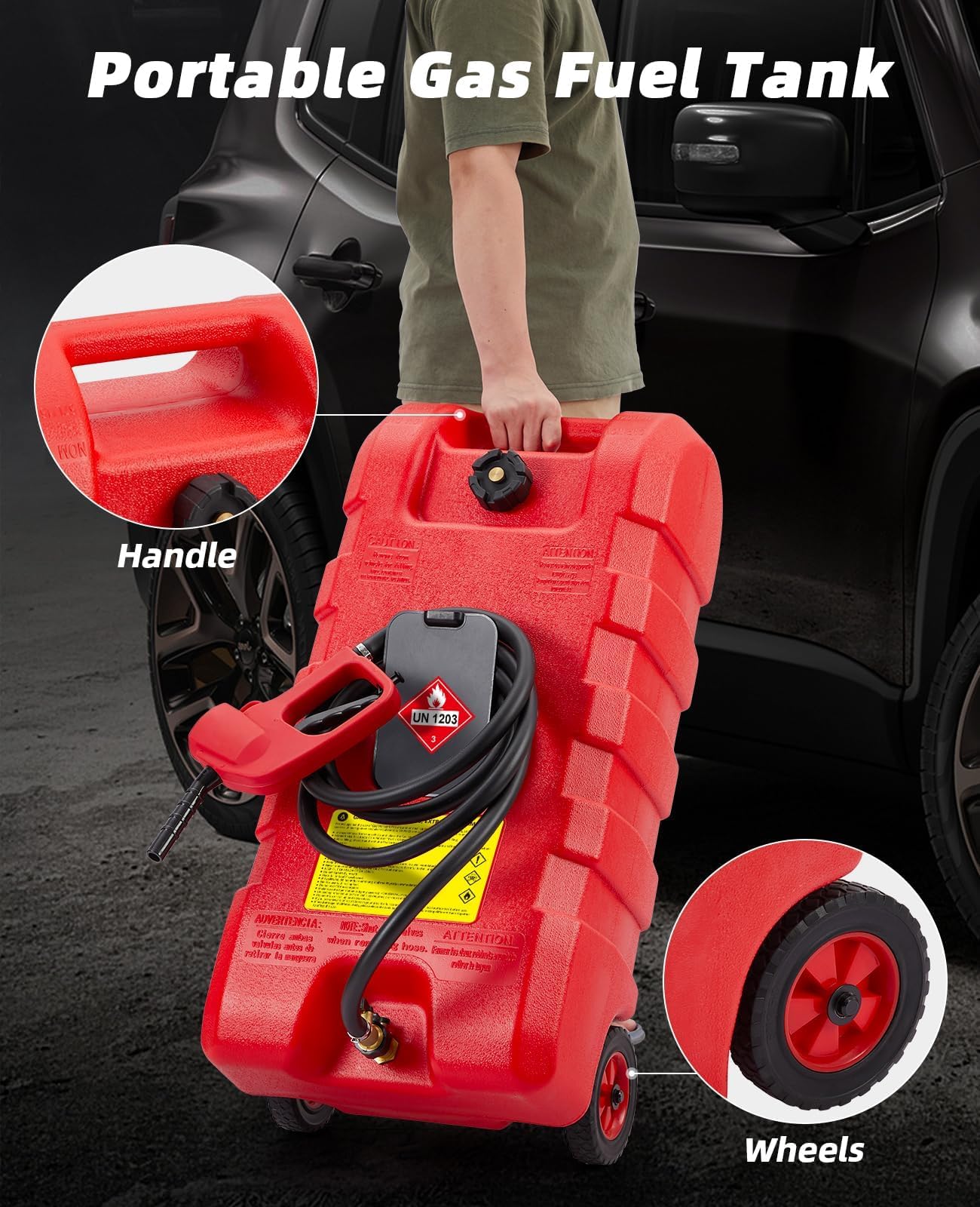 Chariot à carburant 15 gal (57 L) sur roues – Pompe manuelle de transfert, tuyau 3 m (10 ft), réservoir étanche essence/carburant pour auto/bateau/tondeuse/ATV – Rouille