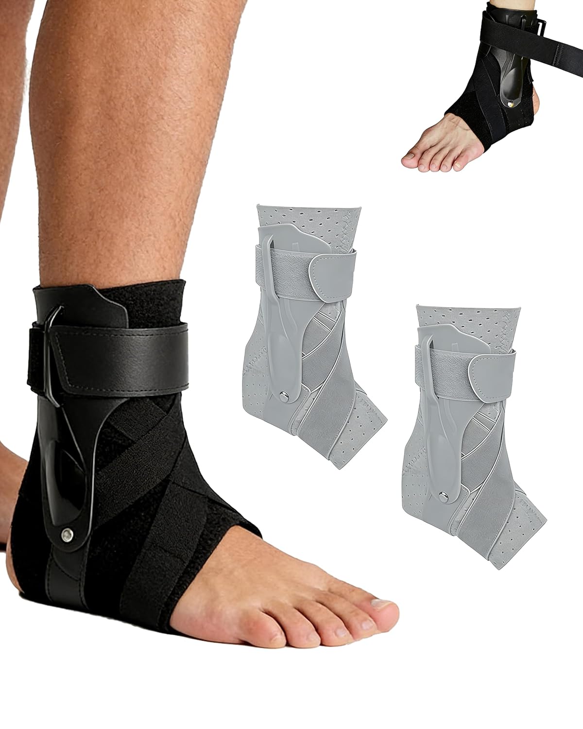Ankle Brace, Adjustable Compression Lace Up Sock with Pivot Support & Bidirectional Straps, Low-Profile Stabilizer for Skateboarding BMX Scooter – Fits Under Socks (2Pcs Grey, XL)