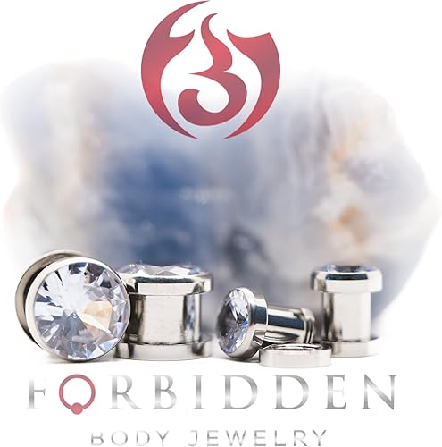Miniatura 4 de Forbidden Body Jewelry Pendientes de acero quirúrgico 8G-78 con ajuste de tornillo CZ central túnel (se venden como par)