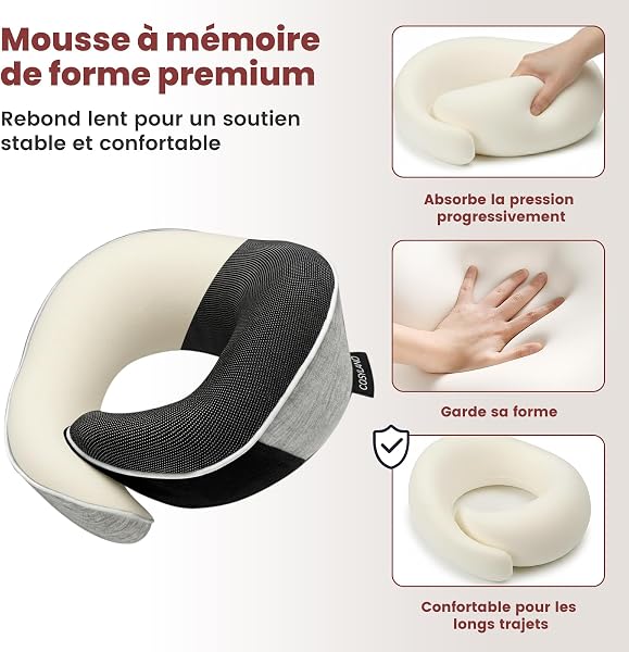 COSYLAND Coussin de Nuque en Mousse à mémoire de Forme pour Avion et Voiture - Support à 360° - Réglable - Cale-Nuque Ergonomique pour Adulte - avec Sac, Masque de Sommeil et Bouchons d'oreilles - 4
