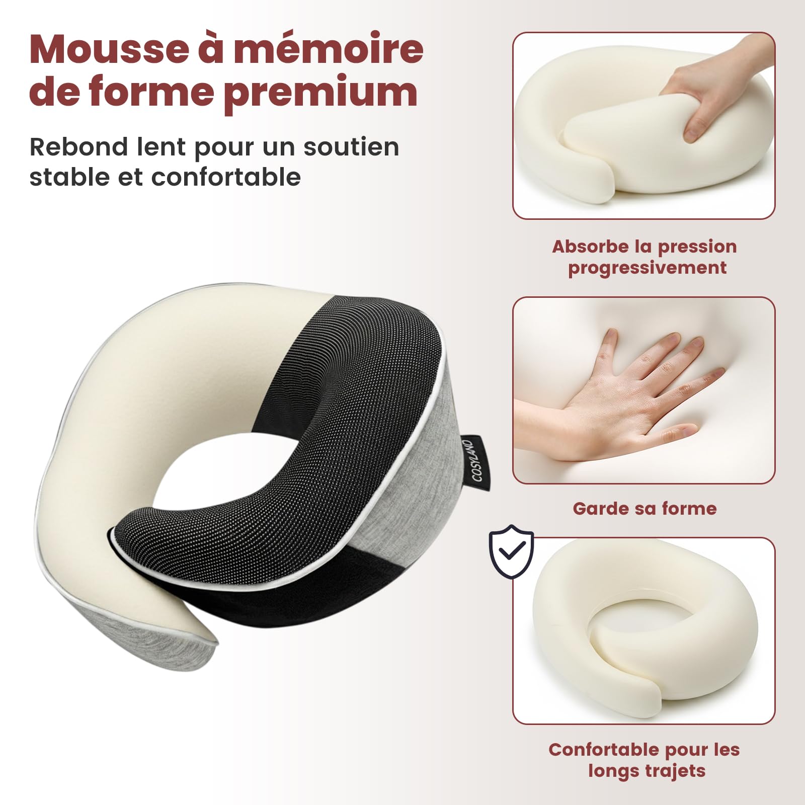 COSYLAND Coussin de Nuque en Mousse à mémoire de Forme pour Avion et Voiture - Support à 360° - Réglable - Cale-Nuque Ergonomique pour Adulte - avec Sac, Masque de Sommeil et Bouchons d'oreilles