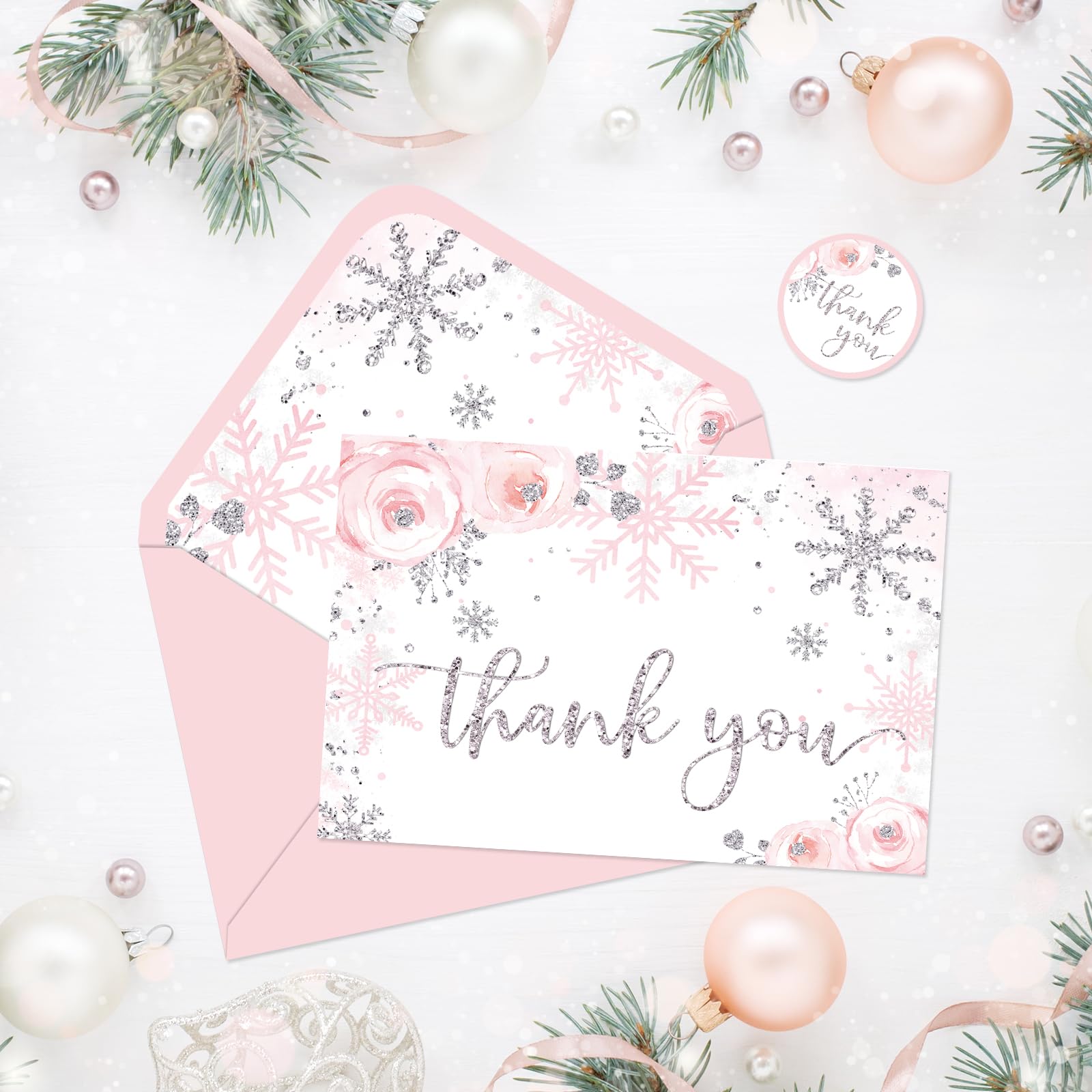 Whaline Lot de 50 cartes de remerciement de Noël avec flocons de neige à paillettes roses - Cartes de vœux vierges avec enveloppe autocollante pour Noël, fête prénatale, invitation, 10,2 x 15,2 cm