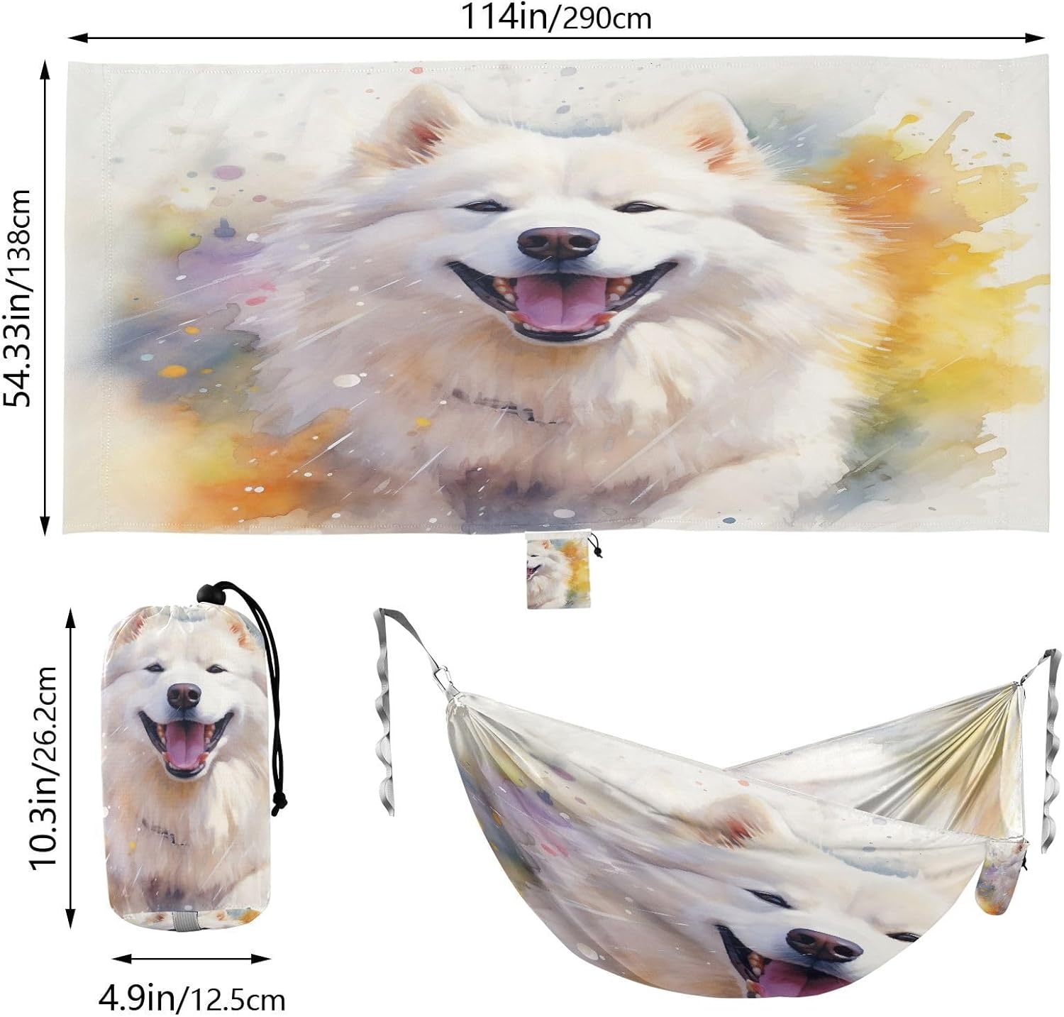 ALAZA Samoyed Dog Cute Camping Hammocks Single or 2 Person 500 lbs Portable Parachute Travel Hammock w/Tree Straps for Hiking Backpacking Indoor Outdoor