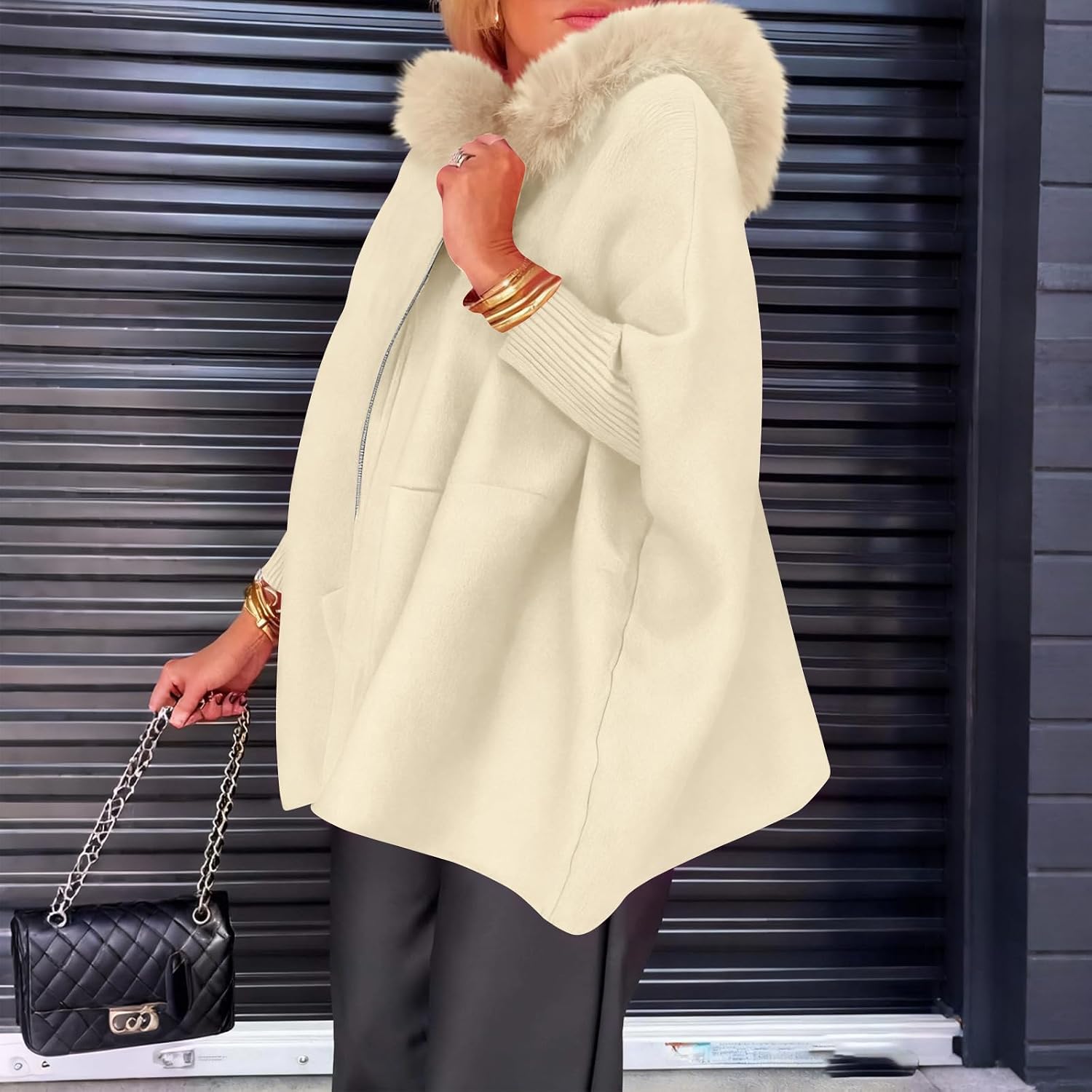 FQZWONG Women’s Zip Up Hooded Poncho Sweater Trendy Fur Collar Solid Color Jacket Casual Knit Cardigan Faux Fur Lapel Coat