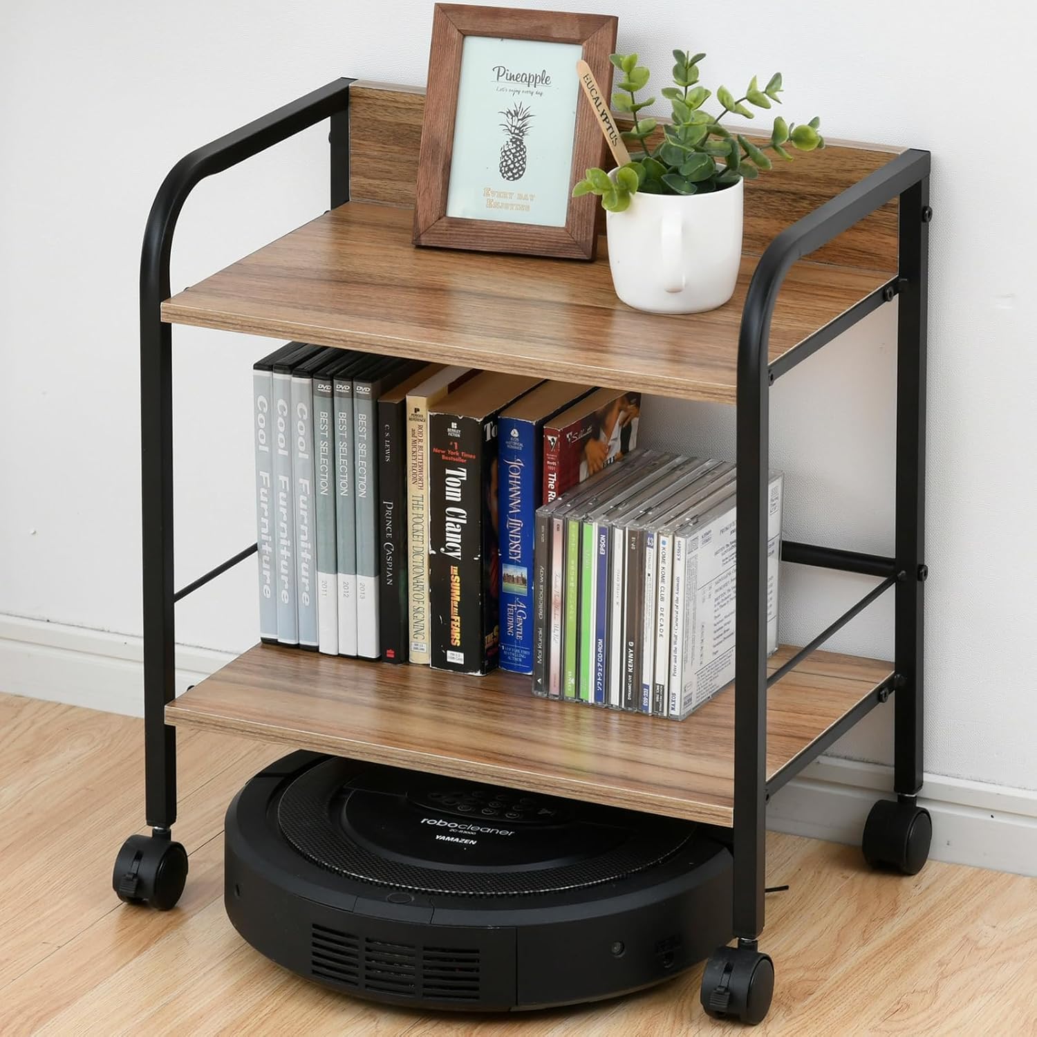 Yamazen YZCR-2 (OAK/BK) Rack, With Casters, 2 Tiers, Color Box Compatible With Storage Box, Robotic Vacuum Cleaner, Shelf, Width 16.5 x Depth 10.8 x Height 18.9 inches (42 x 27.5 x 48 cm), Assembly