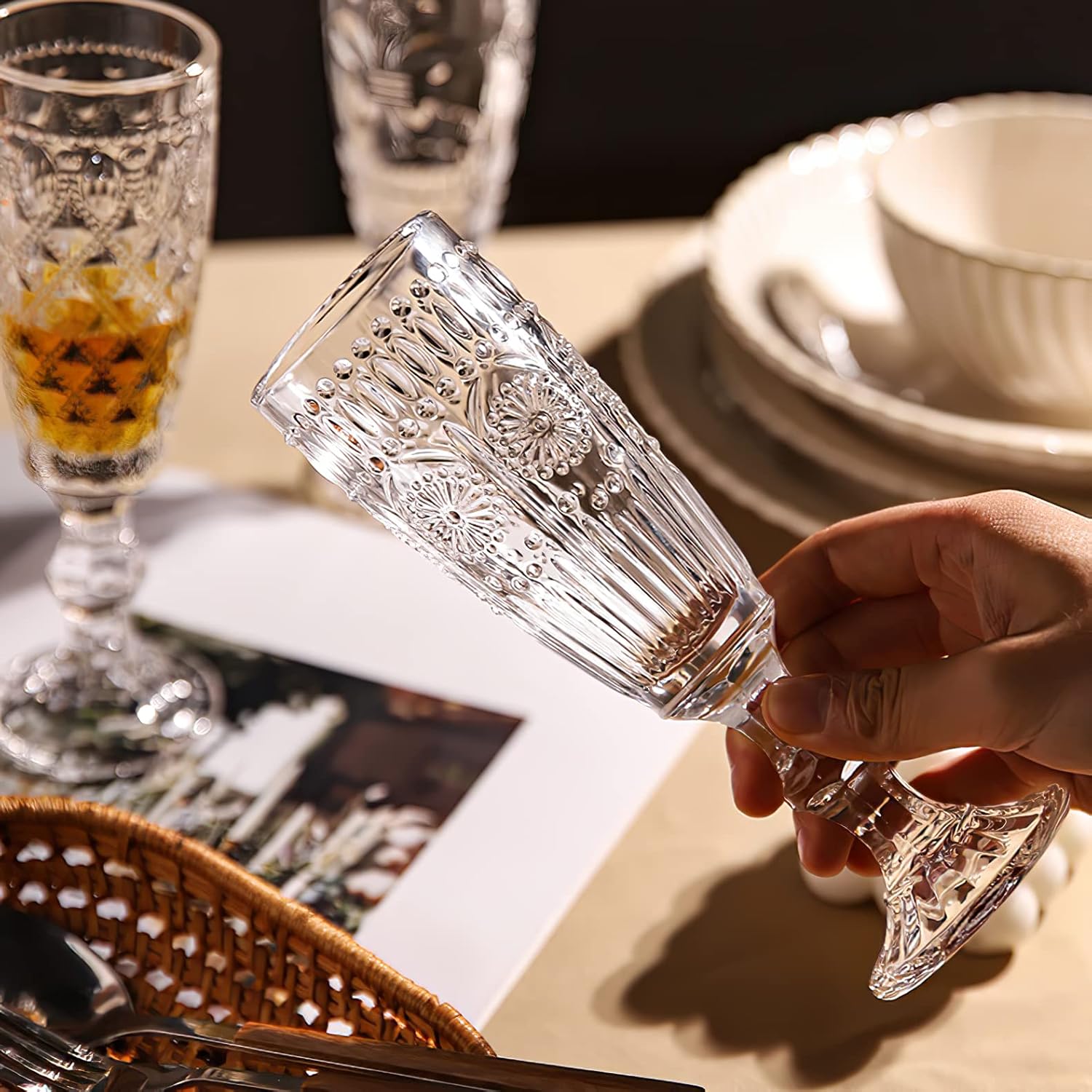 Kingrol 6 Pack 5 Ounces Glass Champagne Flutes, Vintage Sparkling Wine Glasses for Champagne, Cava, Prosecco - Image 6