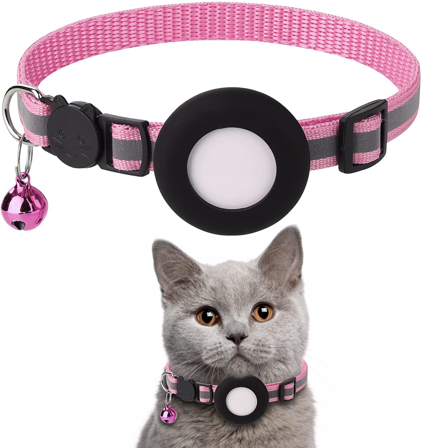 Wegood Airtag Cat Collar, Air tag Cat Collar with Bell and Safety Buckle in 3/8" Width, Reflective Collar with Waterproof Airtag Holder Compatible with Apple Airtag for Cat Dog Kitten Puppy (pink)