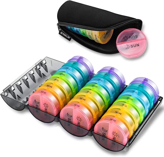Monthly Pill Organizer 2 Times A Day,One Month Pill Box AM PM,Daily Pill Cases Large 4 Week,Medication Organizer 28 Days Dispenser for Pills,Fish Oils, Vitamin,Supplement(Rainbow)