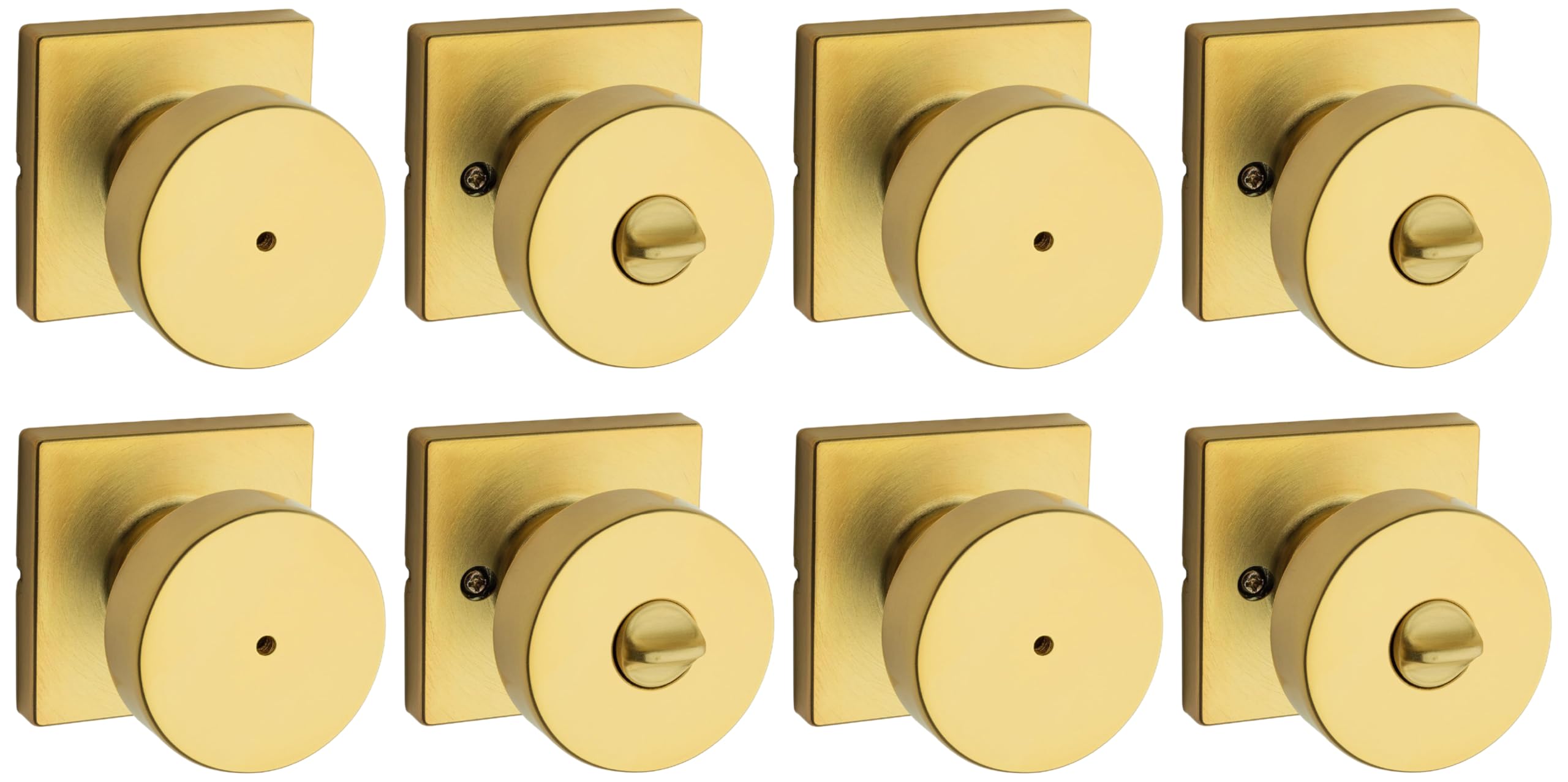 Kwikset Pismo Interior Privacy Door Knob with Lock, Door Handle for Bathroom and Bedroom, Satin Brass, Square, Keyless Turn Lock Doorknob, Microban Protection (Pack of 4)