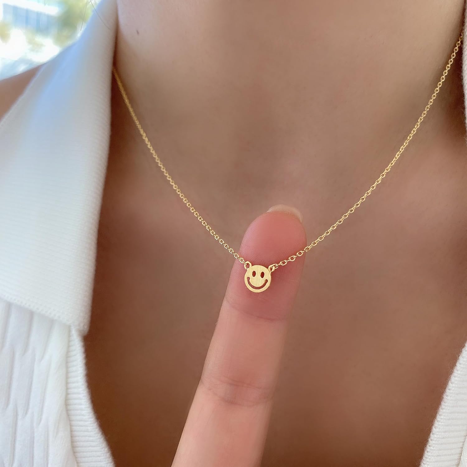 Smiley Face Necklace 18K Gold Dipped Necklace 18K Gold Dipped 24K White Gold Dipped Tiny Happy Smile Emoji Face Cute Pendant Necklace