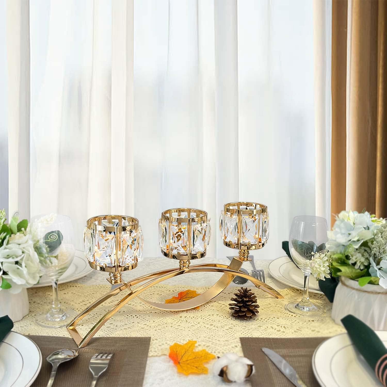 3 Arms Crystal Candle Holders, Arch Candlestick Table Candelabras Centerpieces for Wedding, Dinning Room, Cabinet Ornaments, Home Decoration， Gift (3-arm Arched, Gold)