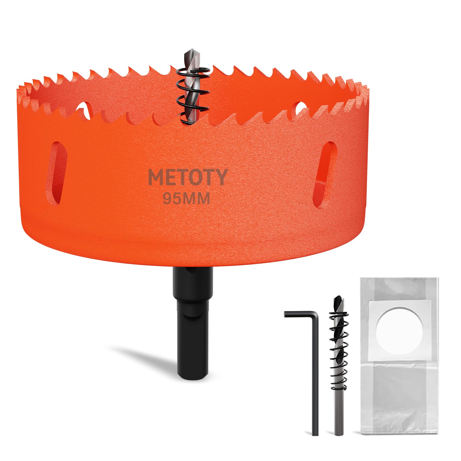 METOTY 95mm Bi-Metal Hole Saw,Universal HSS M42 Hole Saws,with Triangular Shaft Adapter and Centring Drill, One Free Dust Bag for Aluminum, Metals, Plastics, Acrylic Glass, Wood, Gypsum board