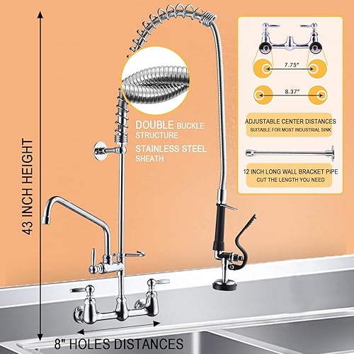 Miniatura 3 de Grifo comercial con pulverizador, grifo de fregadero utilitario con pulverizador, montaje en pared, industrial, restaurante, 43 pulgadas de altura,