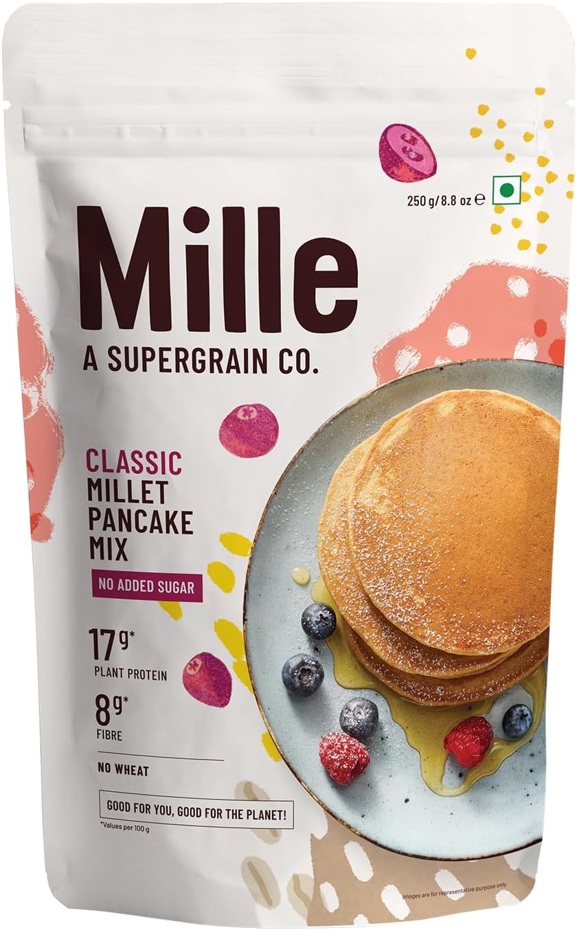 Mille Classic Millet Pancake Mix | 17g Plant Protein & 8g Fiber | No Wheat No Added Sugar | Ideal for Pancakes, Waffles, Snacks & Healthy Breakfast | 8.82 Oz (250g)