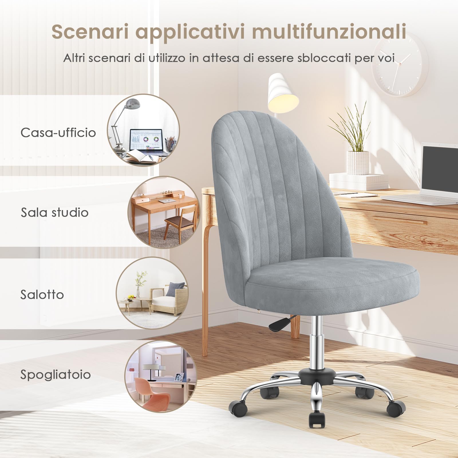 naspaluro Sedia da Ufficio Sedia Vanity, Sedia da Camera in Velluto, Sedie da Camera Senza Braccioli Con Ruote, Poltrona Scrivania per Casa,Sedie Morbida Regolabile in Altezza,per Camere Letto,Grigio