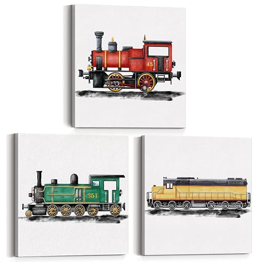 Set of 3 Steam Train Wall Art Toddler Decor Framed, 12x12 Inch | Vehicle Wall Decor for Nursery, Home, Teen Bedroom, Watercolor Steam Locomotive Paintings, Prints Posters, Canvas