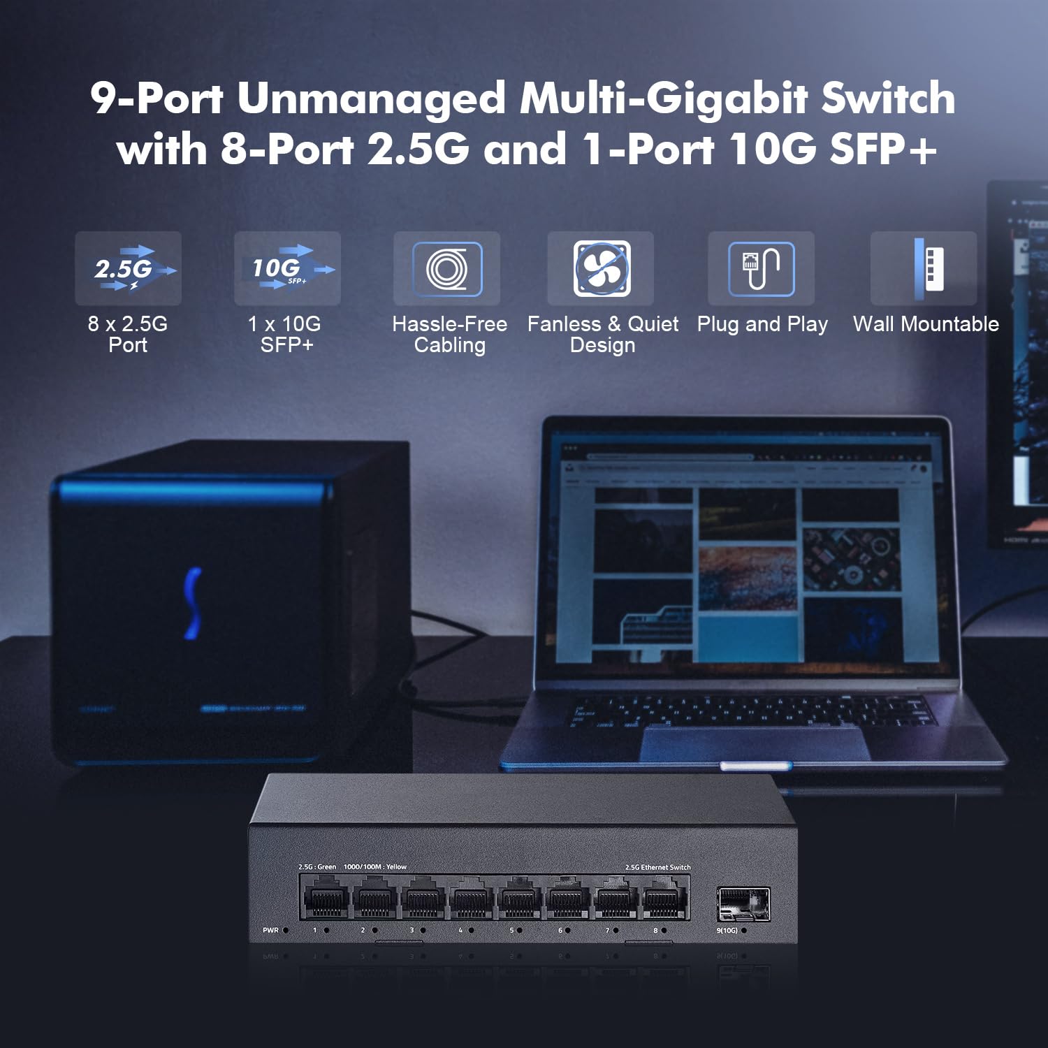 YuLinca Switch non gestito a 8 porte 2.5G, 8 porte 2.5GBASE-T con 10G SFP+, capacità di commutazione 60 Gbps, switch di rete Plug & Play 2.5 Gb senza ventola