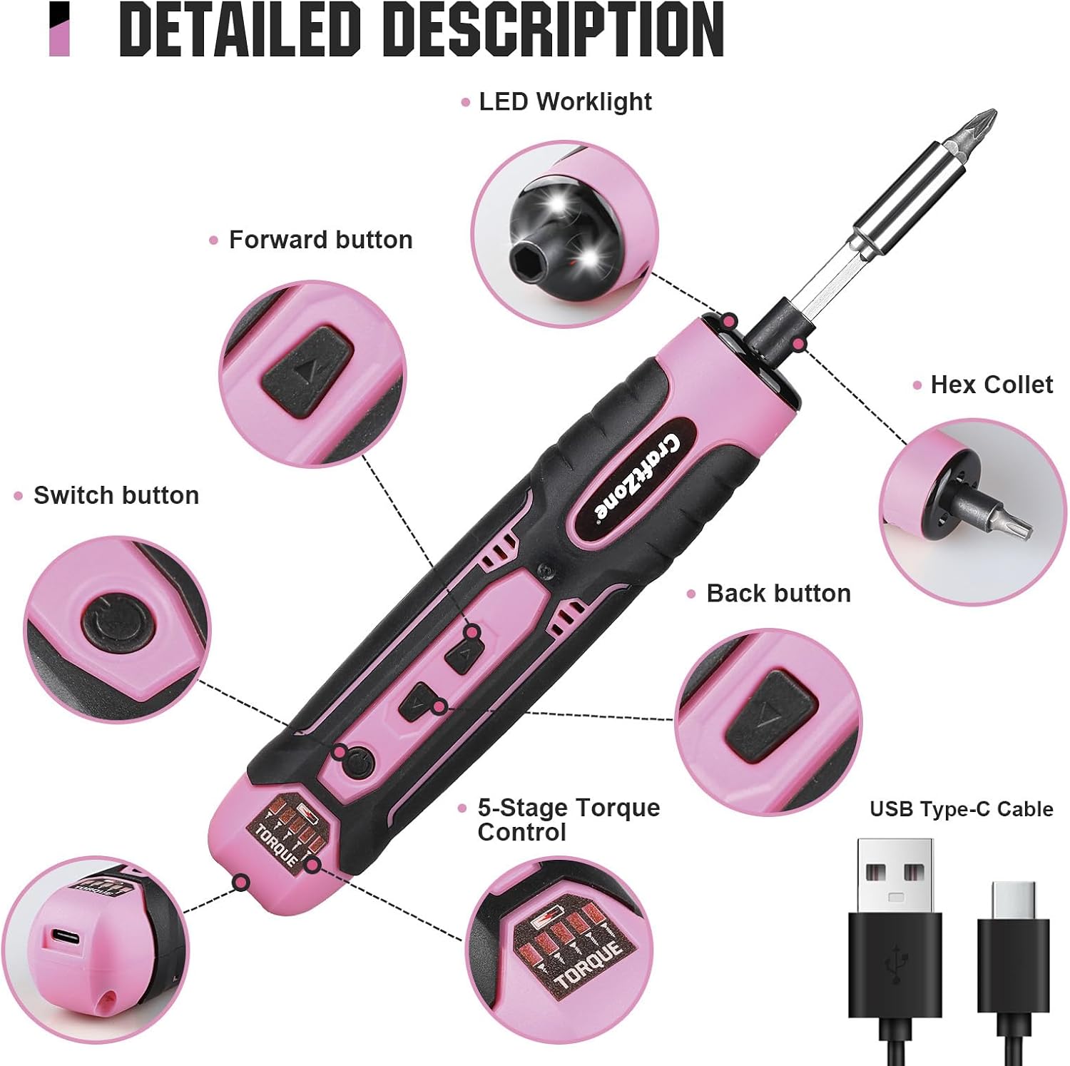 Electric Screwdriver Cordless Set with LED Light, USB Cordless Screwdriver Rechargeable, Level 5 Torque Screw driver, with 28 Pc Bit Set & Carrying Case for Home, Electronic, Automotive (Pink)
