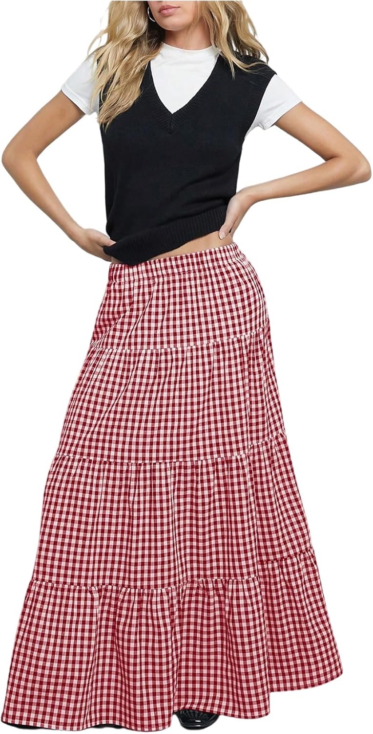 MakeMeChic Women's Plaid Maxi Skirts A Line Ruffle Tiered Layer Y2K Flowy Casual Long Skirts