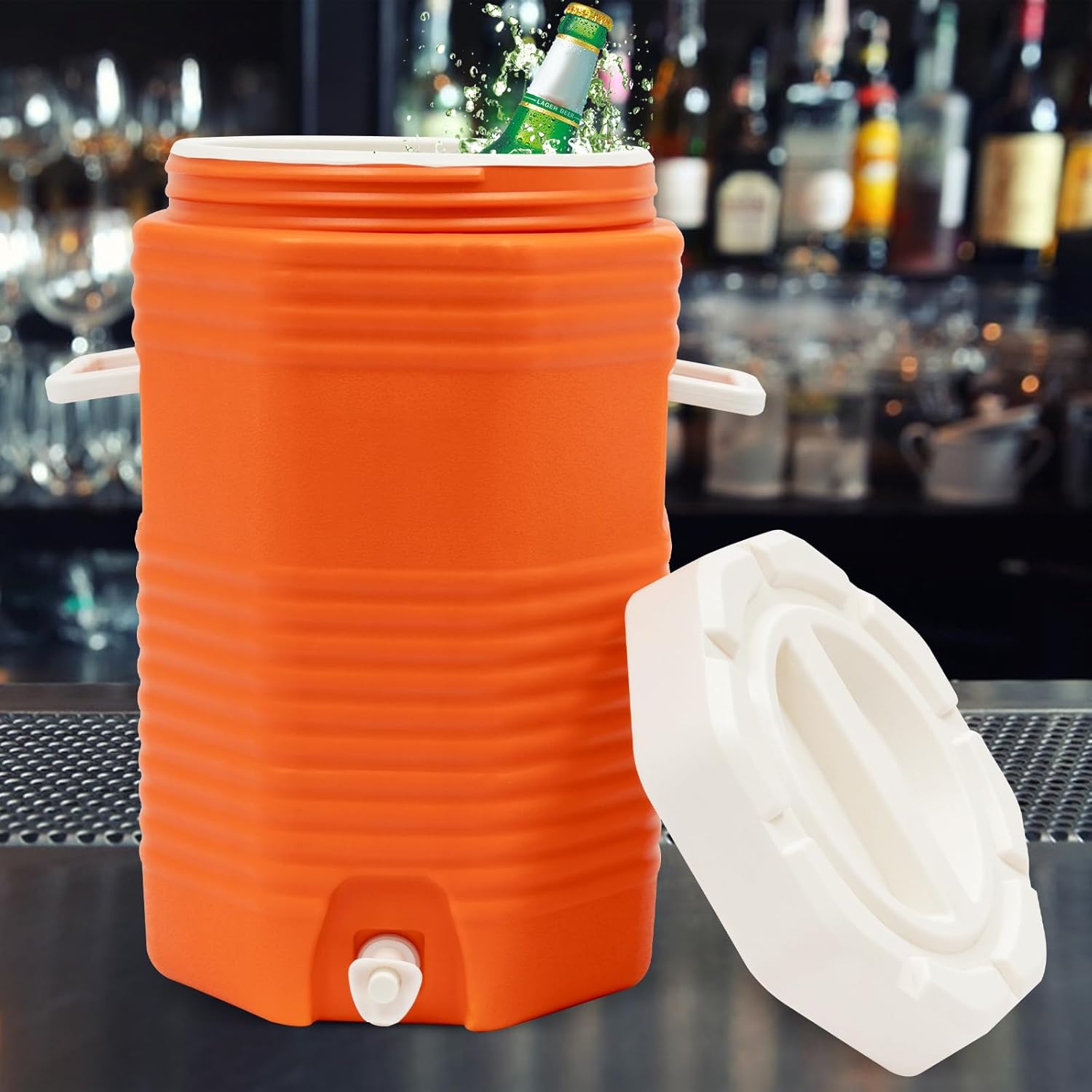 Insulated Beverage Cooler, 4 Gal Portable Sports Cooler, Orange, 16L, PU, Outdoor Kitchen Cooler Bin, Picnic, Camping, Hiking