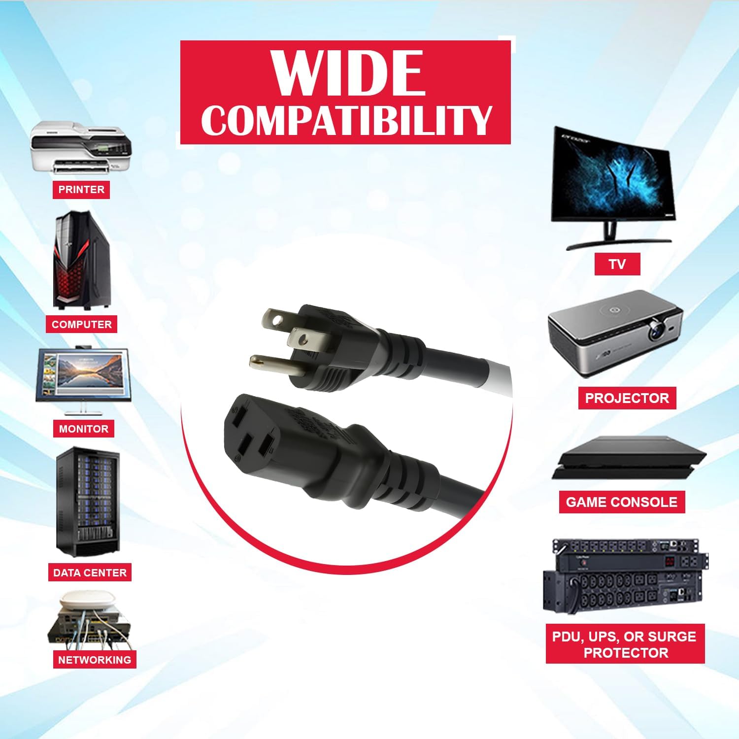 CablesAndKits AC Power Cord 25ft – 5-15P to C13 | 14 AWG Heavy-Duty Cable | 15A 125V | NEMA 5-15P to IEC C13 | Black 3-Prong Power Supply Cord for Computer, Monitor, Server, PDU