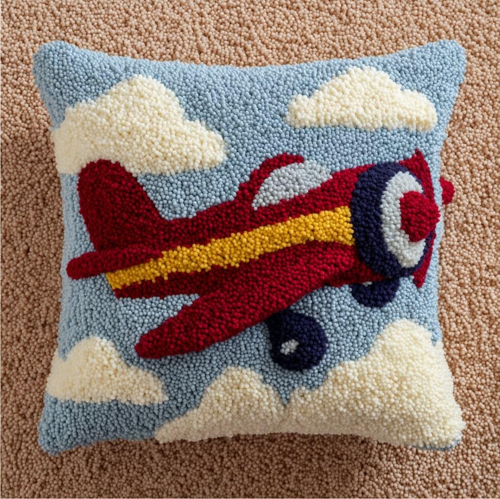 WallustrioaW Latch Hook Pillow Kits Pillow Cover,Cartoon Airplane,Pattern Printed Cross Stich Hooking Pillowcase Cushion Crafts Embroidery Home Decor Kits,17x17in