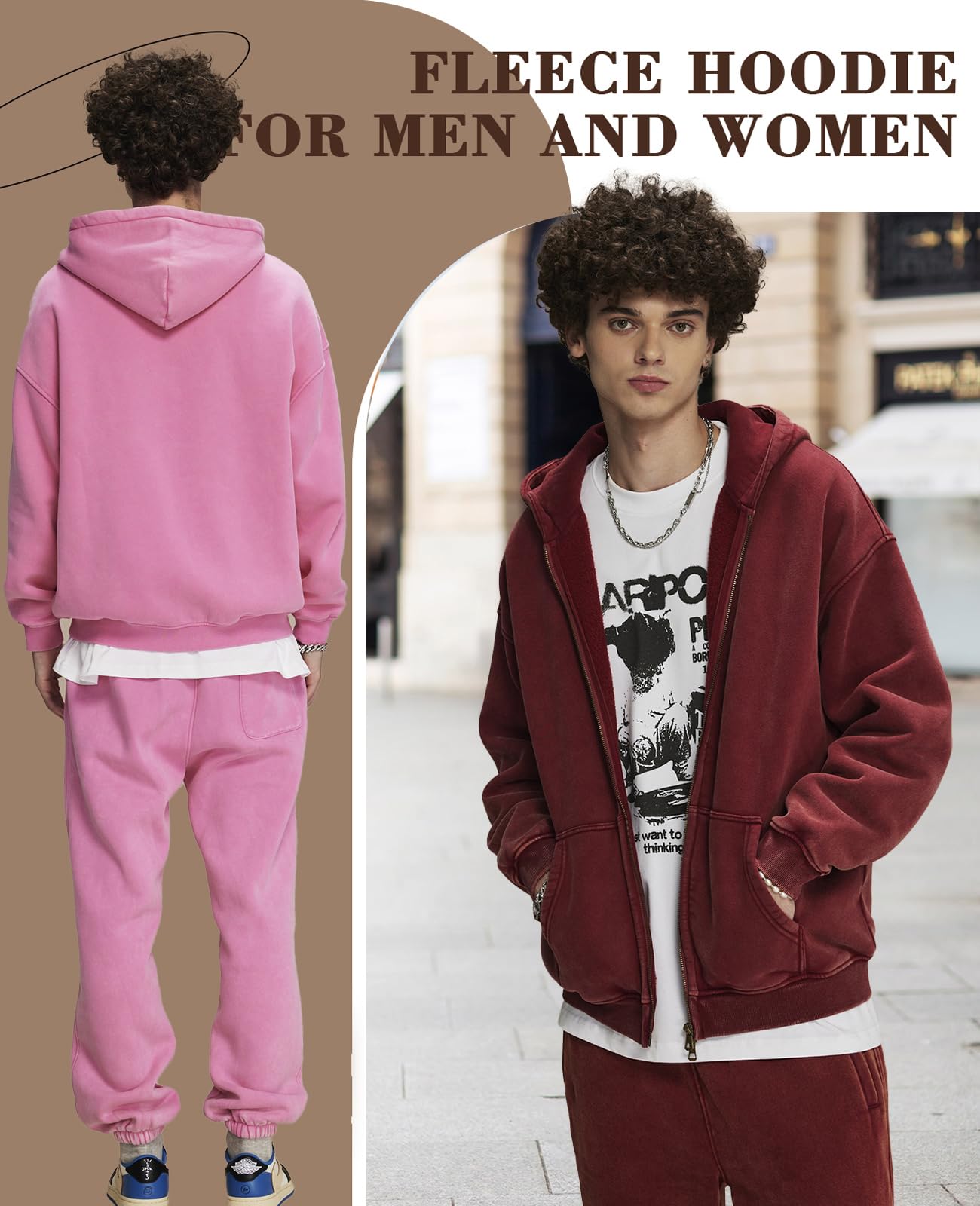 HOUZONIY Herren Fleece-Kapuzenpulli mit durchgehendem Reißverschluss Oversized Basic Zip Hoodie Y2k Hip Hop Sweatjacke Unisex mit Kapuze Pullover Jacke