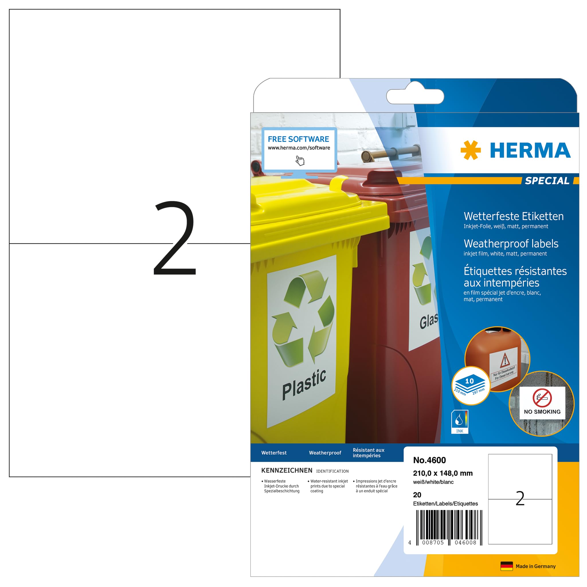 HERMA Self Adhesive Inkjet Labels, 2 Labels per A4 Sheet, 10 Sheets, 210 x 148 mm, 20 Labels, Blank Weatherproof Film Labels Stickers, Sticky Labels for Inkjet Printer, White