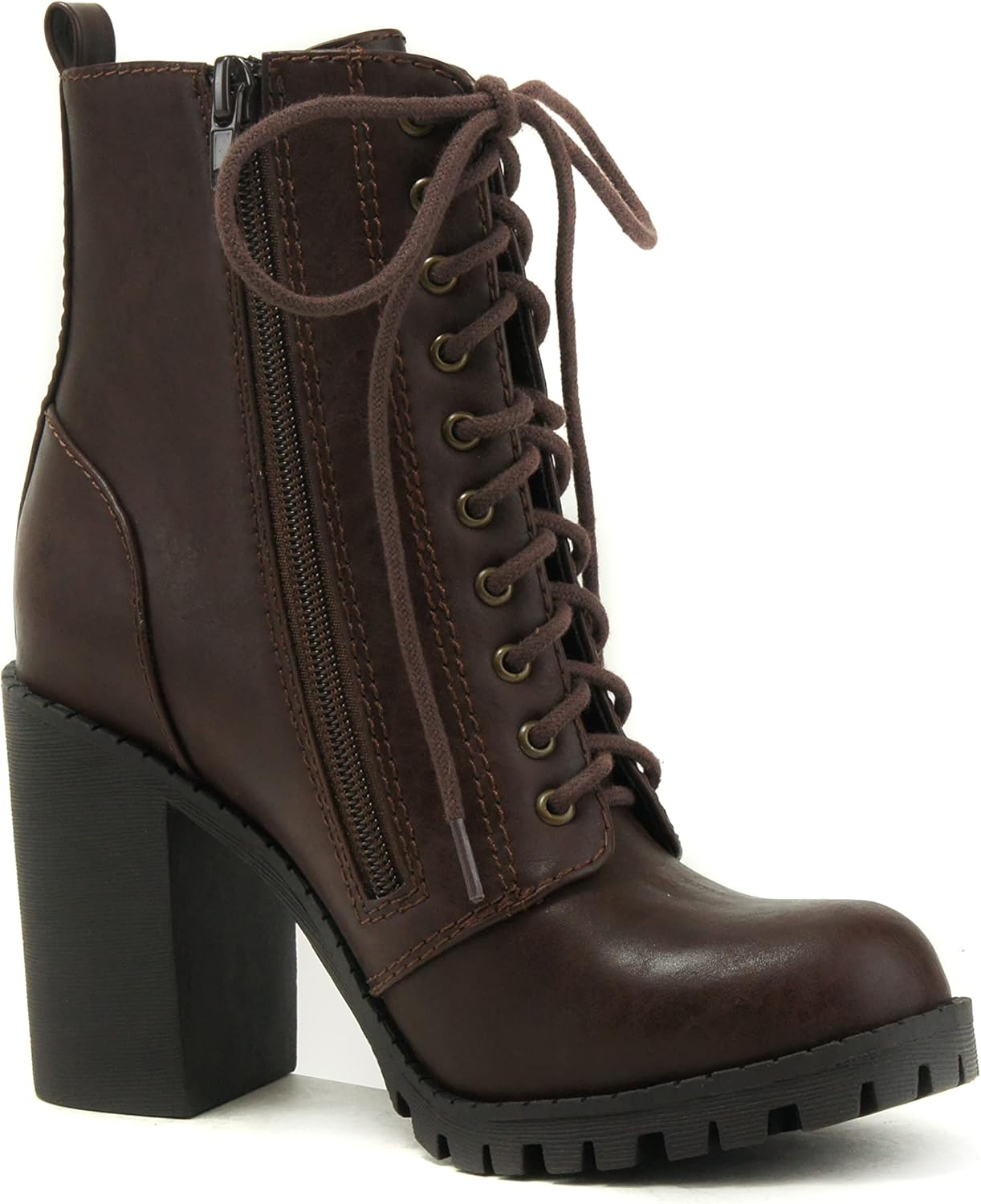 Soda Women's Malia Faux Lace Up Chunky Lug Sole Combat Boot 5.5 Brown