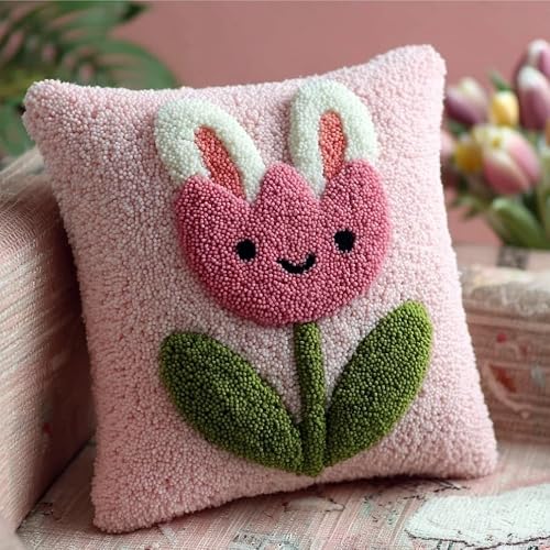 WallustrioaW Latch Hook Pillow Kit -Pink Tulip Embroidery Art Craft Kit - All Ages - Unisex - 43X43Cm