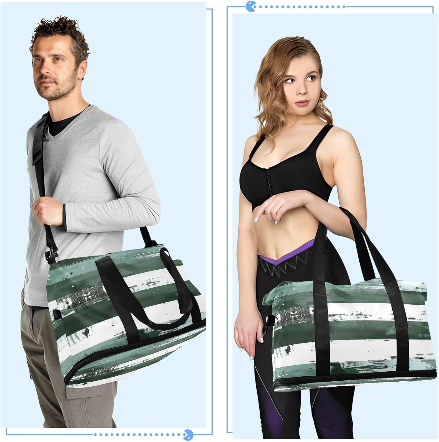 Gray-green Color and White Horizontal Stripes Sports Tote Gym Bag Carry On Tote Bag with Toiletry Bag for Yoga 2 Pcs Set