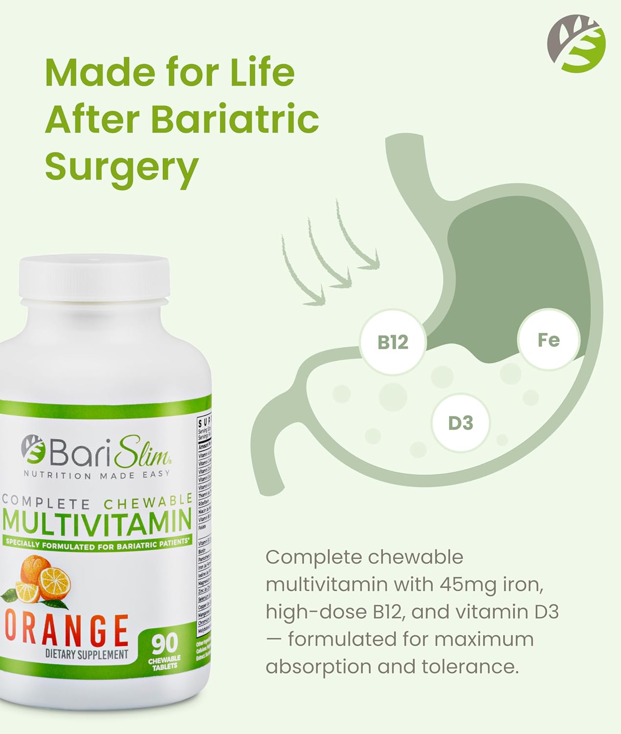 BariSlim Complete Chewable Bariatric Multivitamin Tablets - 45 mg Iron - Bariatric Vitamin & Supplement for Post Bariatric Surgery Including Gastric Bypass & Gastric Sleeve | Orange | 90 Tablets