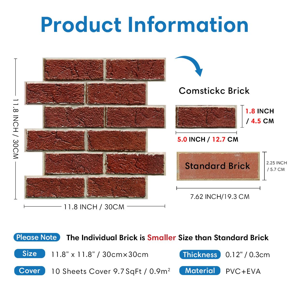 COMSTICKC Samoprzylepne panele ścienne 3D imitujące cegłę, naklejki ścienne 3D z efektem cegły – zestaw 10 sztuk (30 x 30 cm), okładzina ścienna z PVC, tapeta ceglana do dekoracji wnętrz, Czerwony