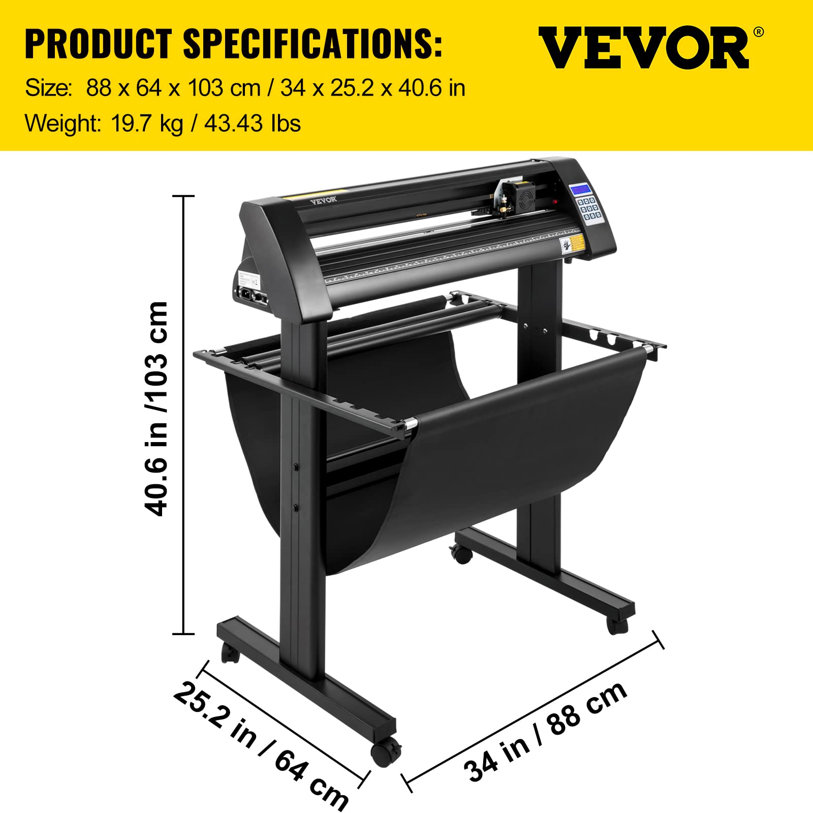 VEVOR Vinyl Schneideplotter 720 mm Folienschneider Schnittgeschwindigkeit 800 mm/s Max. Schnittstärke 3 mm LCD-Anzeige Schrittmotor Schneide Druck Plotter Halbautomatisch 19,7 kg 375mm Cutter Schwarz