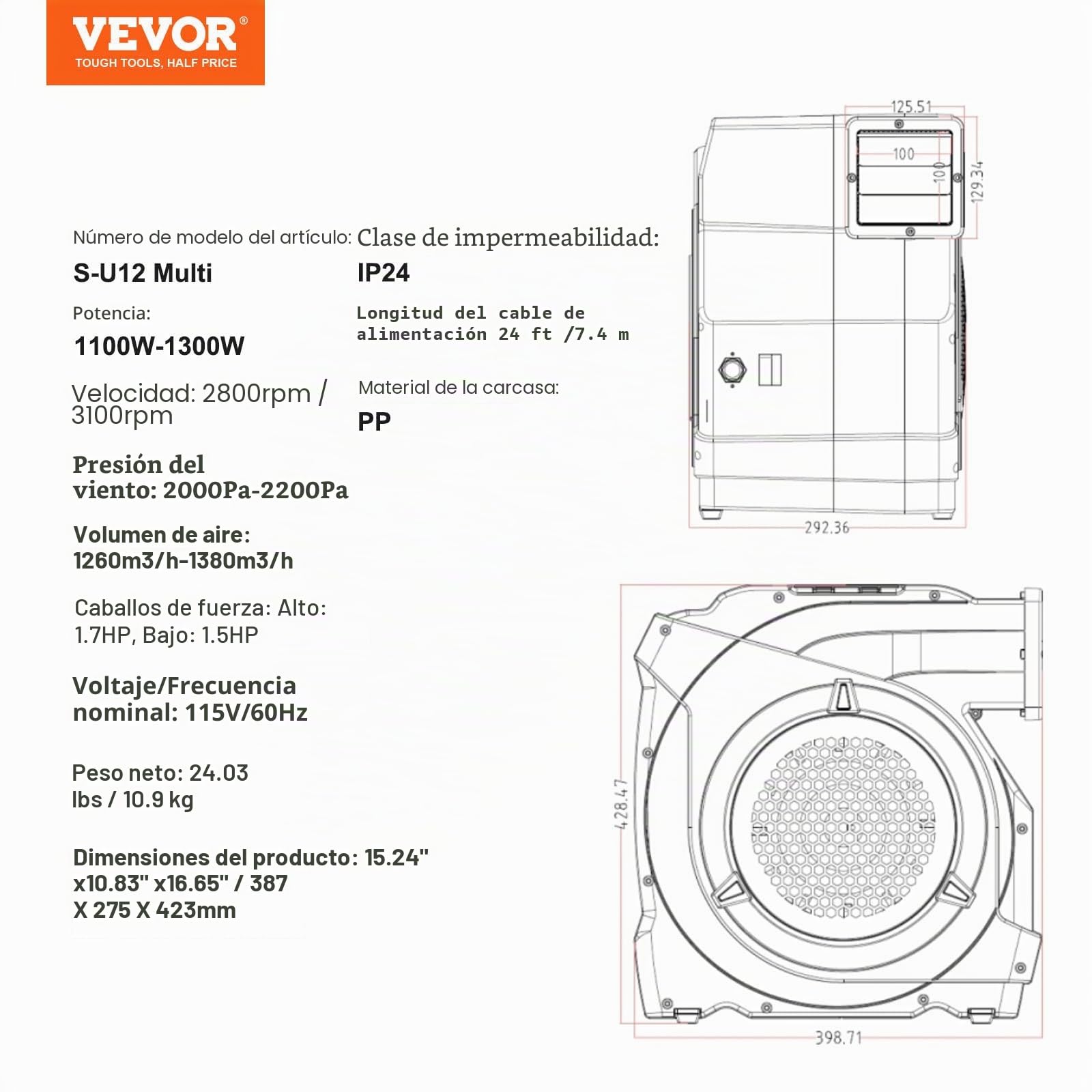 VEVOR Soplador Inflable 1100 W, 1,5 y 1,7 HP, Soplador de Aire Comercial para Inflables, Ventilador Eléctrico de Castillo Hinchable de 3100 RPM Casa de Rebote, Toboganes Acuáticos 387 x 275 x 423 mm